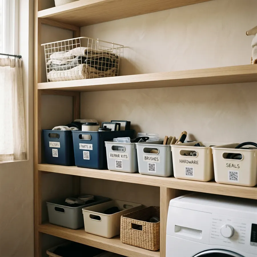 Wooden shelves holding labelled storage bins, each with a QR label, beside a washing machine