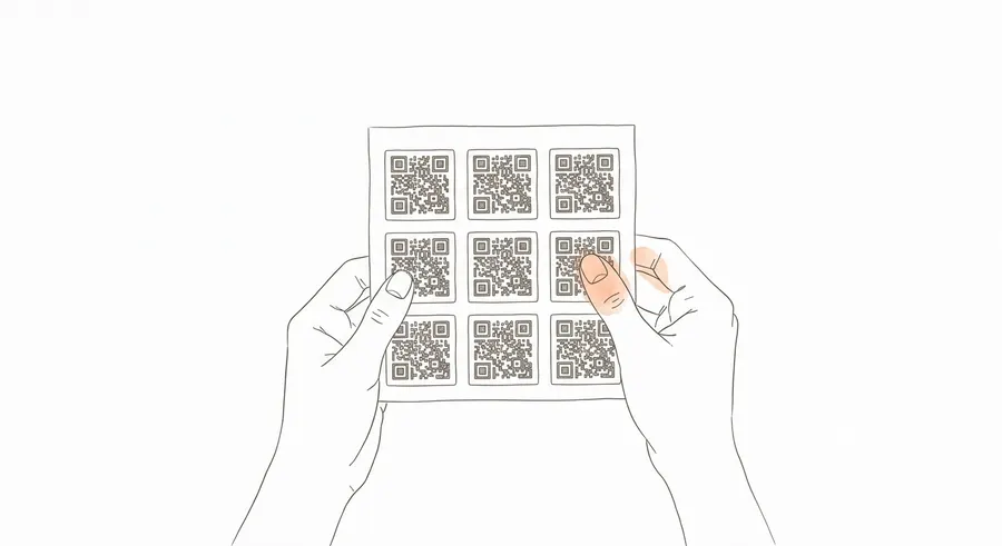Two hands holding a printed sheet of QR labels