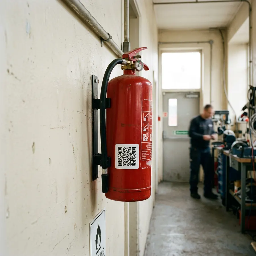 A red fire extinguisher on a workshop wall with a QR label on its cylinder
