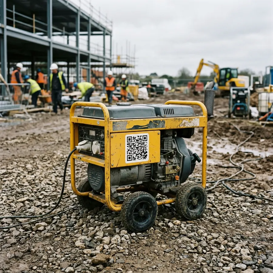 A yellow portable generator on a building site with a QR label on its side panel