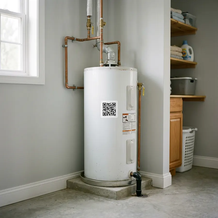 A white water heater in a utility room with a QR label on its tank