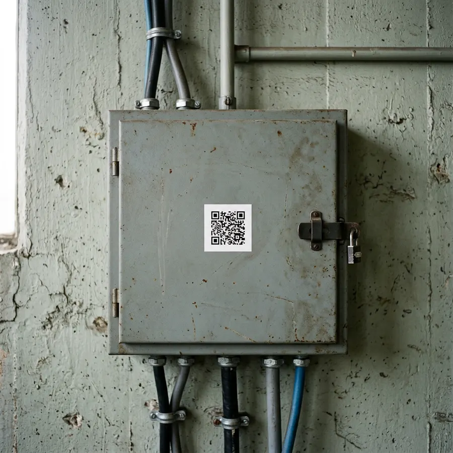A grey electrical panel on a concrete wall with a QR label on its door