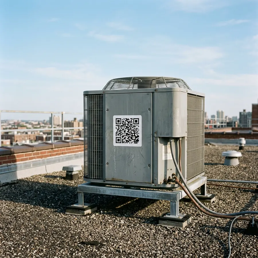 A rooftop air conditioning unit with a QR label on its side panel